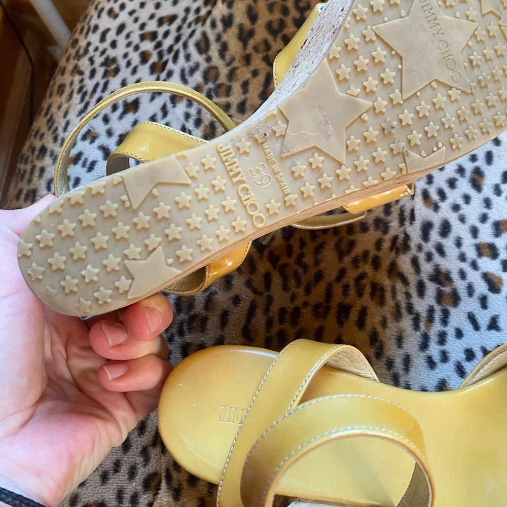 Jimmy Choo patent leather Yellow Cork Wedge Sandals